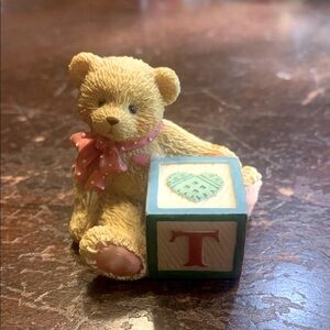 Cherished Teddies Adorable Tan Teddy Bear with Block With a T.